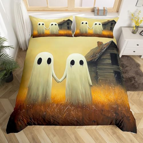 3Pcs Halloween Ghosts Duvet Cover Two Ghosts Standing On The Wilderness Gothic Bedding Set Retro Horror Creepy Comforter Cover Double, 1 Bed Cover 2 Pillowcases (No Comforter)