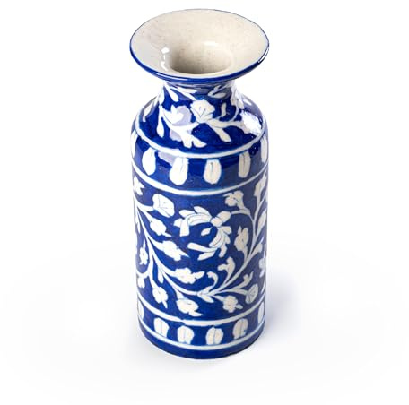 Ceramic Vase Handmade Ceramic Blue and White Designer Elegant Flower Pot with Floral Design for Living Room Bedroom Office and Gifting (White Flower)