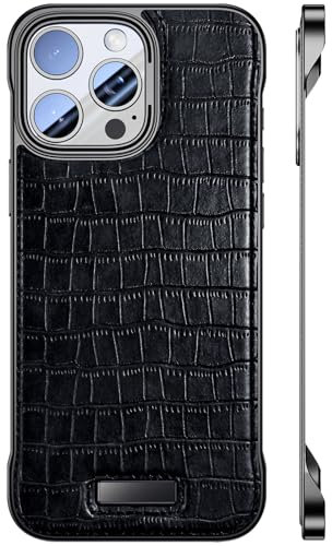 QANXGOG Case for iPhone 14 Pro Max/14 Pro/14, Ultra-Thin Crocodile Texture PU Leather Frameless Case, Minimalist Beyond Bare-Feel Comfort, Lightweight Cover,Black,14 Pro Max