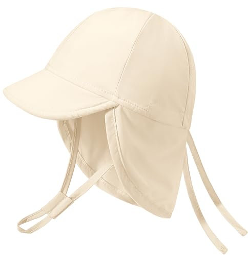 Xnova Baby Sonnenhut mit Nackenklappe und Bindebändern UPF 50+ Kinder, Sommer Mütze Einstellbare UV-Schutz Strand Schwimmen Hut Jungen Mädchen Visier Cap (Beige, M)