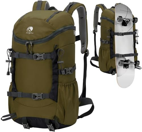 Outplea 30L Leicht Wanderrucksack Herren Damen, Multifunktional Reiserucksack mit Skateboard Gurte, Tagesrucksack Sportrucksack für Wandern Outdoor Camping Freizeit, Grün