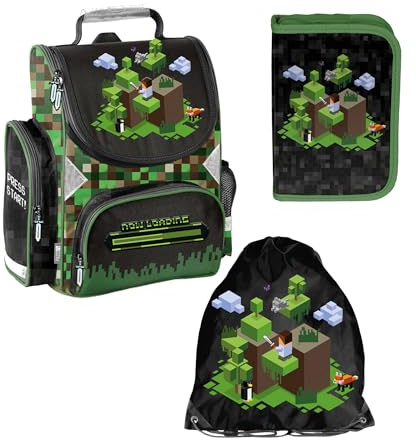 PASO- Schulranzen für Jungen und Mädchen, 4/6/8/15er-Set - Schul-Rucksack für Kinder mit Federmäppchen - Schuhbeutel und Hausaufgabenheft - Game Motiv- 1-3 Klasse