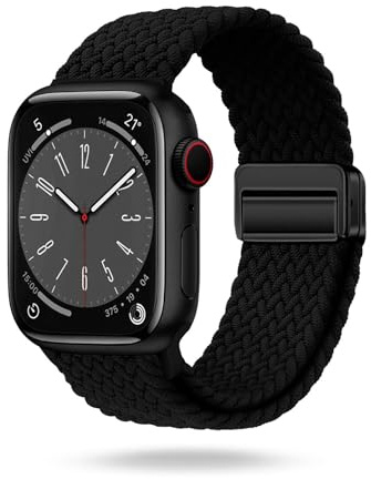 ONEFLOW Casual Loop Kompatibel mit Apple Watch 8 (45mm) Geflochtenes Armband Elastisch, Textil iWatch Armbänder Damen Herren, Sport Nylon Stoff Band Verschluss Magnetisch, Schwarz