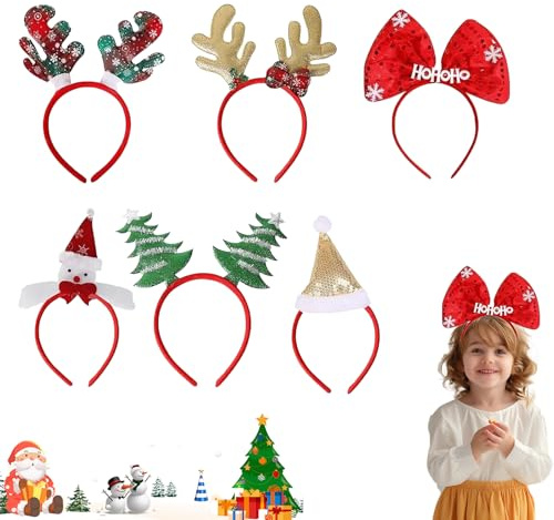 FYZSJWL 6 Stück Haarreifen Weihnachten, Rentier Haarreif, Kopfschmuck Weihnachten, Weihnachtsschmuck Kopf, Weihnachts Stirnbandweihnachts-Stirnbänder Für Erwachsene Und Kinder