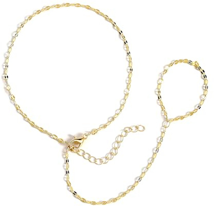 RMMD Handkette Armband, 14K Vergoldete/Weißgold Zirkon Perlen Handkette Gold Damen Armband mit Ring Verbunden Sommer Boho Geschenke für Frauen Hand Chain Gold Bracelet Women Jewelry Modeschmuck