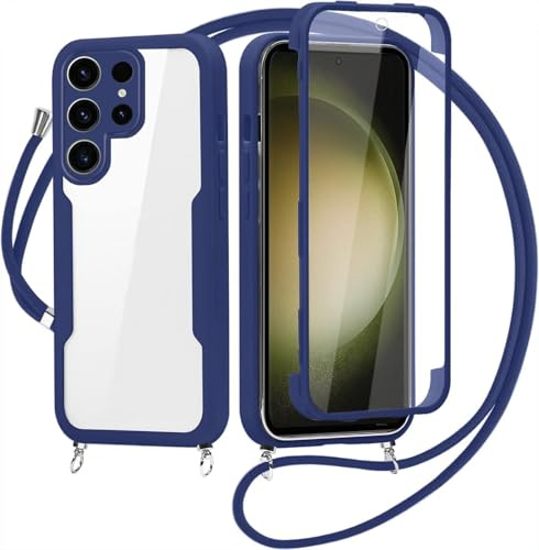 FERLAN Coque avec Cordon pour Samsung Galaxy S23 Ultra, Collier Ajustable,Coque Antichoc Housse avec Protection écran, 360° Protection Case Robuste Double Bumper Etui Intégrale (Bleu)
