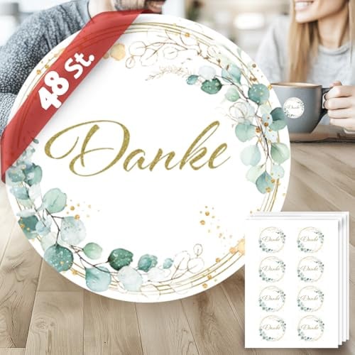 48x Runde Danke Aufkleber Efeu Gold – 44 mm Sticker für Hochzeit, Geschenke, Umschläge, DIY Deko – florales Design, selbstklebend, edle Danksagung – Greenery Collection