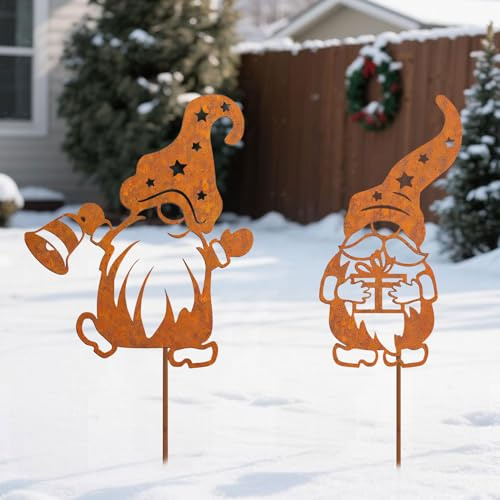 Yarteim Gartenstecker Weihnachten Rost Deko Wichtel Roststecker Weihnachtsstecker Outdoor Blumenstecker Gartendeko für Draußen, Wichtel Gartenstecker aus Metall für Garten Terrasse Balkon