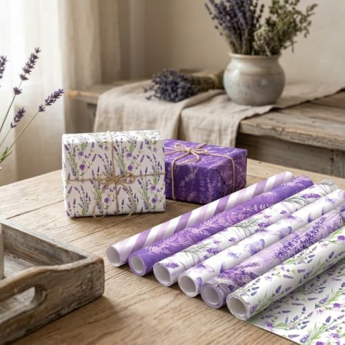 Purple Floral Wrapping Paper Butterfly Gift Wrap Paper Lavender Art Paper | Floral Wrapping Paper for Wedding Baby Shower Birthday DIY Crafts Gift Packing 12 Sheets