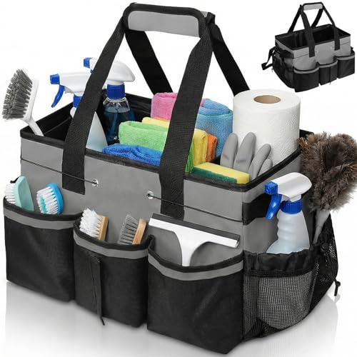 Xtrillogen Large Cleaning Caddy with Handle,Spacious Multi Compartment Cleaning Bag Products,Featuring Removable Dividers,Adjustable Shoulder and Waist Straps,Suitable for Home and Tool Storage(Gray)
