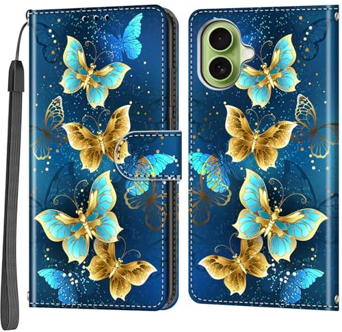 Haninsuze Case for iPhone 17, Four Butterfly | PU Leather, 3 Card Holder, Wallet Book Flip, Folio Stand View, Magnetic, Multi-Pattern Cover, Lanyard Strap