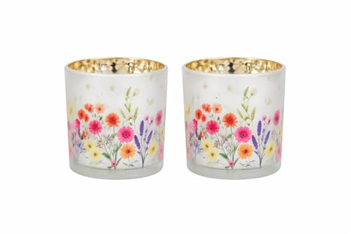2er Set Windlichter mit Blumenwiese 7x8x7 cm – Teelichthalter aus Glas mit floraler Frühlingsdeko, Glaslichter für Tisch, Fensterbank oder Geschenk – Logbuch-Verlag
