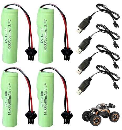 NAVESO 4 Pièces 3.7V 500mAh Batterie au Lithium, 3.7V Rechargeable Li-ION Battery avec 4 Chargeur USB SM-2P, Batterie au Lithium pour Voitures Rc,Buggys, Bateaux, Chars, Robots, Panzer