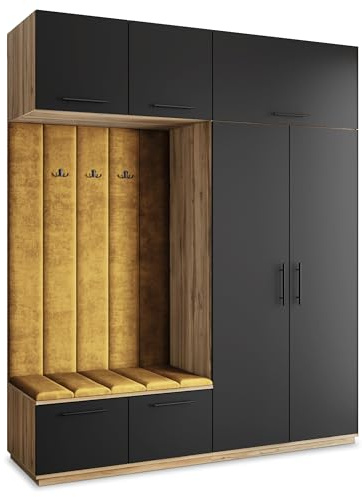 Masseno Flugarderoben Set Rema, Kleiderschrank-Set mit Sitzbank, Garderobenschrank Flur mit 5 Regalböden, Eiche Wotan/Schwarz