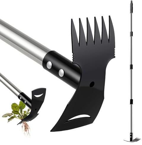Mitclear Extractor de Malas Hierbas con Mango Largo 148cm | Herramienta de Jardín 2 en 1 con Rastrillo y Azada, Deshierbador, Desmalezador Manual, Eliminador de Malezas