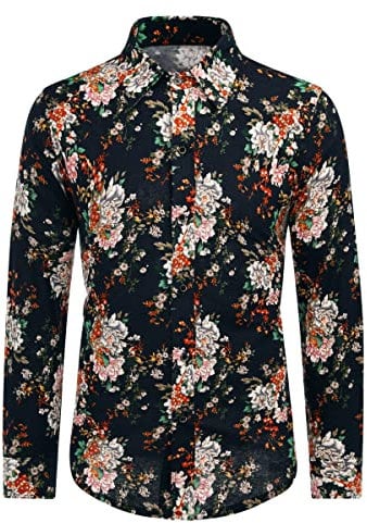 Allthemen Mens Dress Shirts Long Sleeve Funky Printed Linen Shirt Casual Shirt Fancy Floral Tops Unique Pattern, M, Picture Color 12