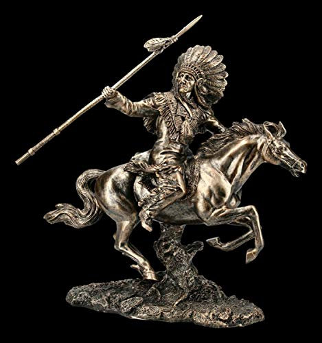 Indianer Figur - Häuptling reitend mit Speer | Dekofigur, Dekoartikel, Westerndeko, Skulptur, Statue, Bronzeoptik, H 34 cm