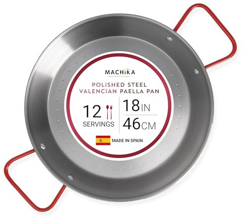 Machika Paellera pulida, sartén de acero al carbono de grado profesional para auténtica cocina española, sartén de acero al carbono duradera con distribución uniforme del calor, diseño convexo, 18