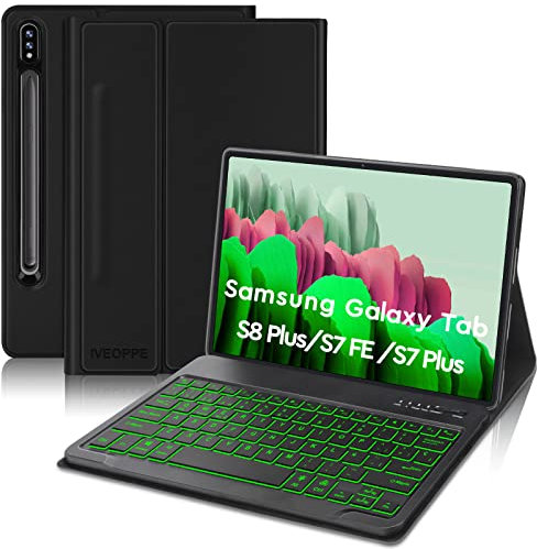 IVEOPPE Funda con Teclado para Samsung Tab S7 FE / S7 Plus / S8+ / S8 Plus 12.4'', Teclado Inalambrico Bluetooth 7 Colores Retroiluminada Español Ñ Desmontable, Negro