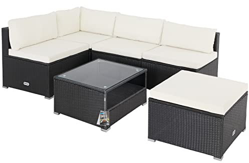 Casaria® Gartenmöbel Lounge Set Wetterfest 5 Personen Polyrattan Sicherheitsglas Tisch Outdoor Sitzkissen Terrassenmöbel Eck Sofa Schwarz Creme