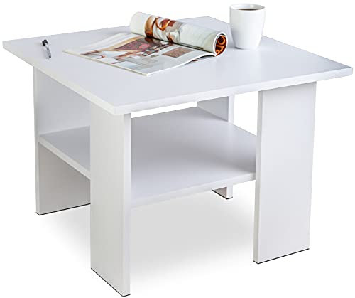 MeblePitus.pl Moderner Couchtisch, in der universellen Farbe Weiß, innovatives Design, zusätzliche untere Ablage, für jeden Raum, solide, Starke und stabile Konstruktion 55D x 55W x 45H cm