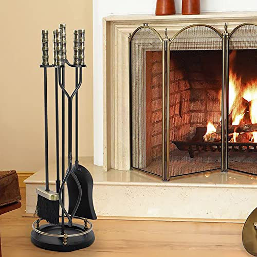 MTSON Kaminbesteck Rustikales Kaminbesteck für Den Innenbereich - 5tlg, Modernes Gusseisernes Kaminbesteck Holzofen Feuerstelle Zubehör mit Kreisförmiger Basis, Heimbüro