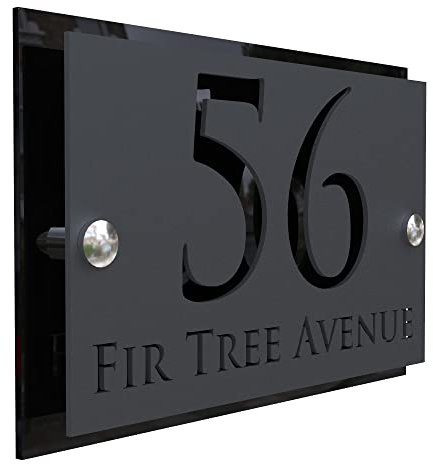K Smart Sign | Simpatico | Modern laser Cut House Signs 3d effect door number address style sign plaques address numbers | 200mm x 130mm (Gloss Black & Matt Gray)