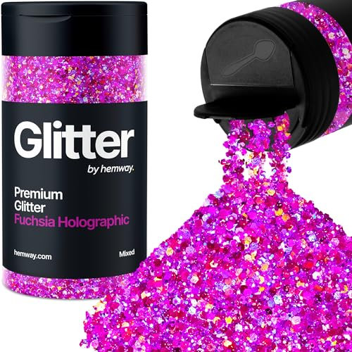 Hemway Premium Glitter Shaker - Fuchsia Pink Black Holographic Mix | 105g Mixed Size Metallic Flake for Resin & Epoxy Crafts | Craft Supplies for Tumblers, Festival, Hair, Face, Body & Nail Art