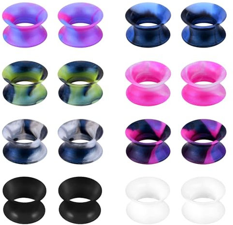 JFORYOU Silikon Ohrstöpsel Tunnel Stecker 8 Paar Ohrstöpsel Flexible Abstandshalter Doppelt aufgeweitet Expander Piercing Ohrstecker 6/8/10/12mm Schwarz Weiß Bunt