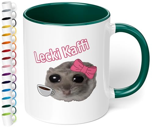 True Statements Lustige Keramik-Tasse „Lecki Kaffi“ - 330ml Kaffeebecher - berühmter Hamsti Hamster - pelziger Freund sorgt für gute Laune (Dunkelgrün)
