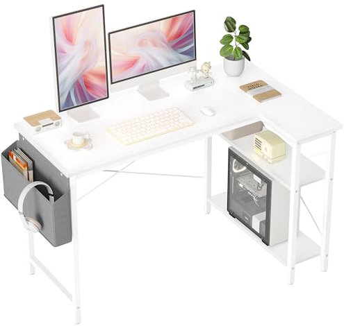 BEXEVUE L Shaped Corner Desk - 120x70 cm Study Office Gaming Desk, Computer Desk Small Writing Table, Large Reversible Storage Shelves, Bookshelf Workstation for Study Play Work Home Office, White
