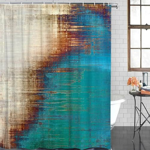 AJALGZ Rideau de Douche imperméable de Style Vintage avec Crochets, Motif Artistique Vert et Beige, Rideau de Baignoire, Largeur x Hauteur:150x200 cm