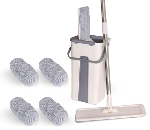 Humlin Bucket Set Floor Mop Reusable Pack of Microfibre Flat Mop With 4 Pads Easy and Simple to Squeeze For Cleaning All Floors -Tiles-Laminate - Hardwood Floors (Beige)