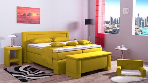 Boxspringbett Rico 180x200, W-Yellow, 7-Zohnen Taschenfederkernmatratze, Komfortschaum - Inklusive Aufbau - Deutscher Hersteller