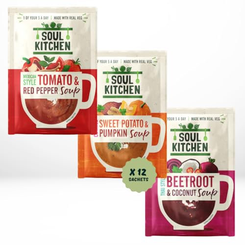 Soul Kitchen Soup | Healthy Packet Instant Soup | Vegan & Gluten-Free | Low-cal vegetable blend | healthy hot snacks | cup-a-soup-alternative| 12 x 25g | (Pack of 12, Variety Pack)