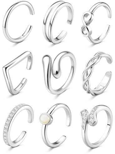 FANCH 9Pcs Zehenringe für Damen Verstellbarer Offene Hypoallergene 14K Gold Gefüllte Zirkonia Träne Opal Keltische Band Infinity Zehenringe Daumen Knöchel Ringe Sommer Strand Fuß Schmuck Set Silber
