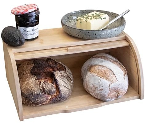 ATRIA Large Wooden Roll Top Bread Bin for Kitchen - No Assembly, Wide Opening, & Solid Bamboo Wood Keeps Bread Fresh & Kitchens Clutter-Free