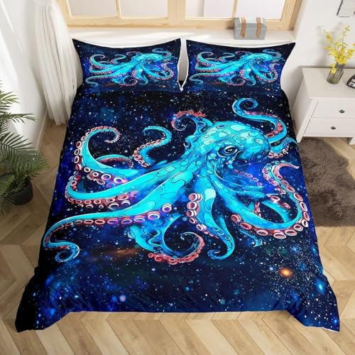 Homemissing Octopus Bettwäsche Set 135x200cm Ozean Kraken Bettwäsche-Set Bunte Galaxie Sterne Bettbezug Set Für Kinder Erwachsene Octopus Tentacles Meer Marine Thema Bettbezug Ultra weiche