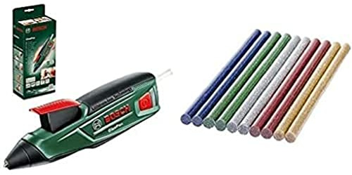Pistolet à colle Bosch - GluePen (livré avec un chargeur USB et 4 bâtons de colle) + Lot de 10 bâtons de colle thermofusible brillants