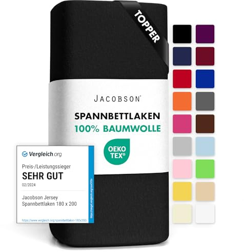Jacobson Jersey Spannbettlaken Spannbetttuch Baumwolle Bettlaken (Topper 140-160x200 cm, Schwarz)