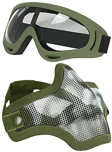 Airsoft Maske und Goggles Set, Half Face Full Steel Mesh Maske und Schutzbrillen für CS/Jagd/Paintball/Schießen (OD-Schädel)