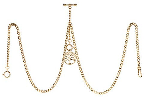TREEWETO Taschenuhrkette mit T Bar Endstück Gesamtlänge 72cm Doppel Albert T-Bar Taschenuhr Kette mit Antiker Lebensbaum Anhänger und 3 Haken für Weste Knopfloch Gold