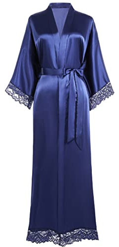 BABEYOND Damen Morgenmantel Lang Kurz Einfarbiger Bademantel Spitzen Ärmel Seide Satin Kimono Kleid Damen Sommer Robe Reine Farbe Schlafmantel (Lang - Dunkelblau)