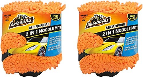 Armor All, Microfibre Noodle Car Wash Mitt, Set of 2, Dual Surfaces To Eliminate Dirt And Bugs, Designed For a Quick, Streak-free Finish on Paintwork and Glass, Ideal for Car & Motorcycle Detailing