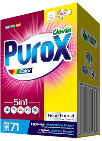 PUROX COLOR Lessive en Poudre (71 Lavages) – pour Textiles Colorés, Élimine les Taches, Formule Optimisée, Anti-Calcaire, Carton 5 kg