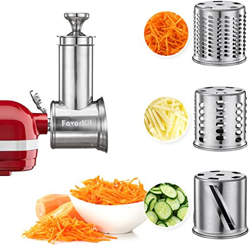 FavorKit Slicer Shredder Attachment for KitchenAid Mixers, Stainless Steel Cheese Grater Salad Maker Accessories with 3 Cutting Blades,Dishwasher Safe!