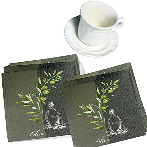 Olivgrüne Servietten mit Oliven-Motiv, 20 Stück, 12,7 x 12,7 cm, Olivgrün, Papierservietten, Olivgrün, Getränkeservietten, Einweg-Servietten, Oliven-Druck, Cocktail-Servietten