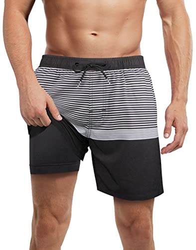 LUCOWEE Mens Swim Trunks with Compression Liner no Chafe Boxer Brief Lined Swimming Trunks Quick Dry UPF 50+ Stretchy 5/7 inch Inseam Bathing Suit Shorts Black Striped