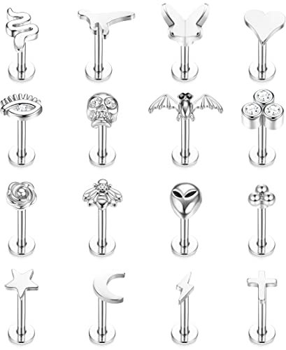 Kakonia 16stk Lippenpiercing Tragus Piercing Ohr für Frauen Männer Helix Knorpel Conch Ohrstecker Edelstahl Innengewinde Ashley Medusa Labret Piercing Lippe Schmuck 16G 6MM 8MM