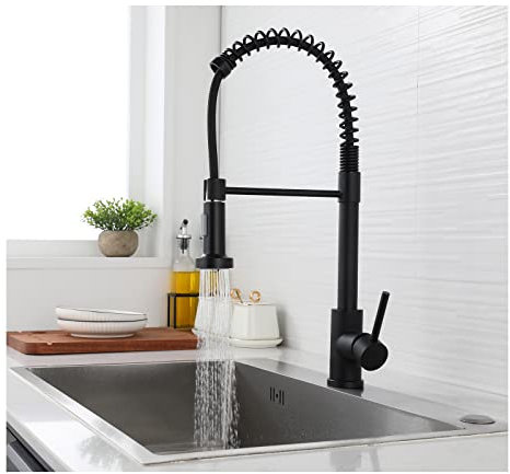 Wasserhahn Küche Schwarz - Küchenarmatur Mit Brause Ausziehbar 360° Schwenkbar, Spültischarmatur Mischbatterie 2 Strahlarten Mit Spiralfeder, Edelstahl Armatur
